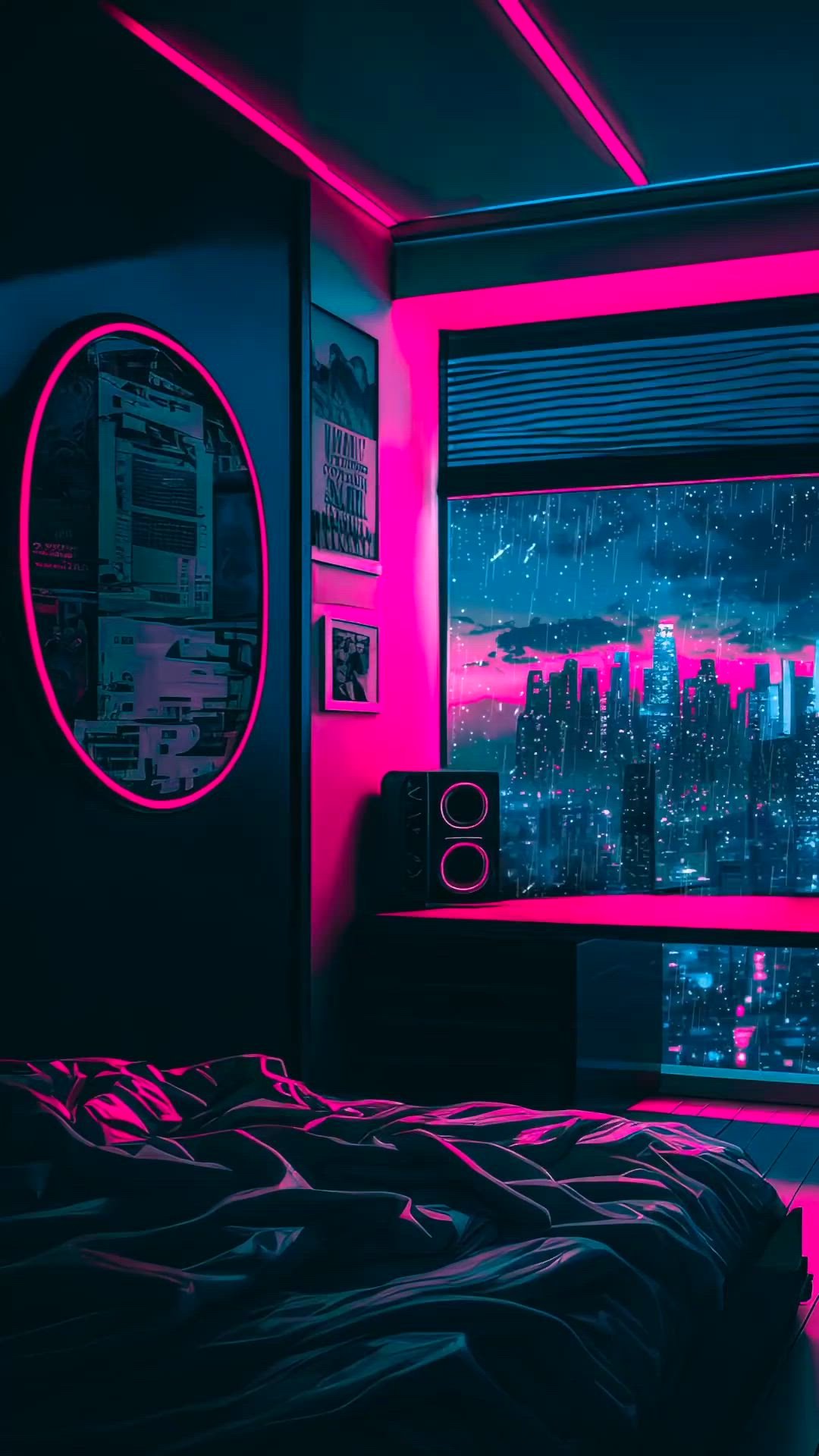 Neon-lit Bedroom with Panoramic Window Download Wallpapers