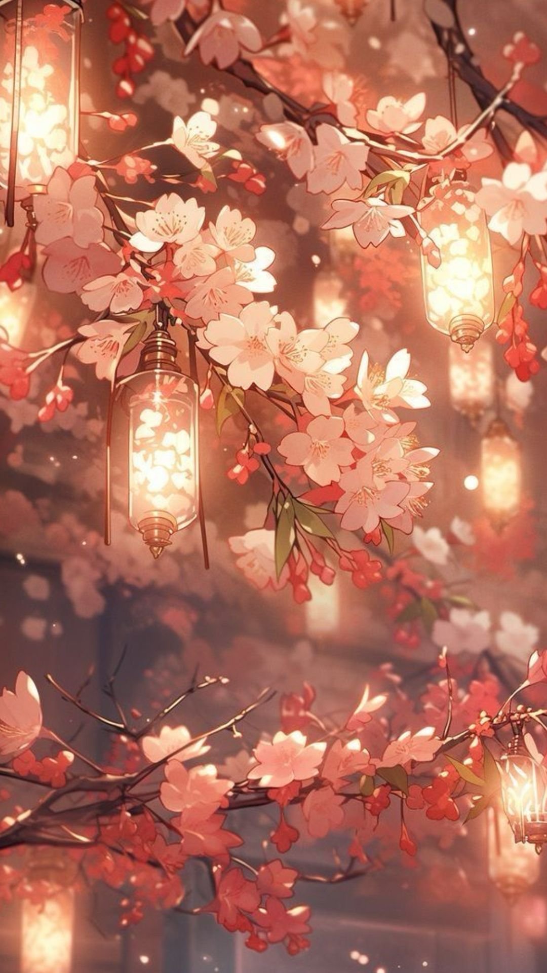 Pink Blossoms with Hanging Lights Download Wallpapers