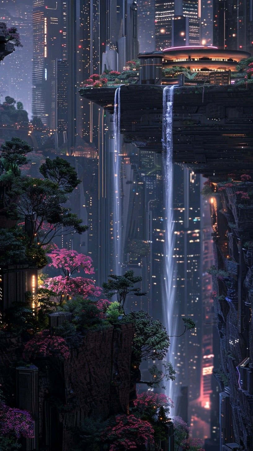Neon Cascades Urban Nightscape Download Wallpapers