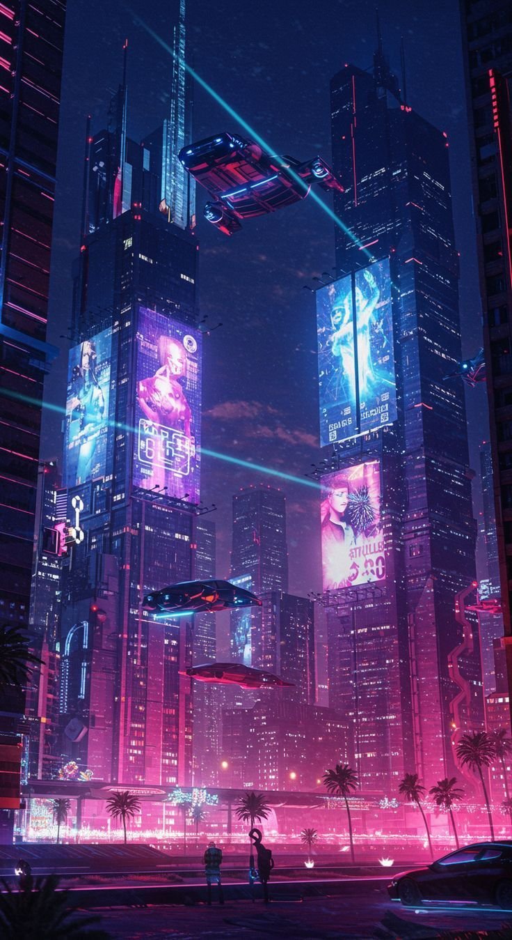 Neon Cityscape with Futuristic Crowd Download Wallpapers