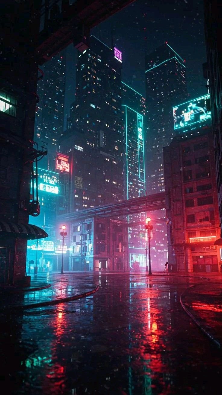 Neon Rain Cityscape Glow Download Wallpapers
