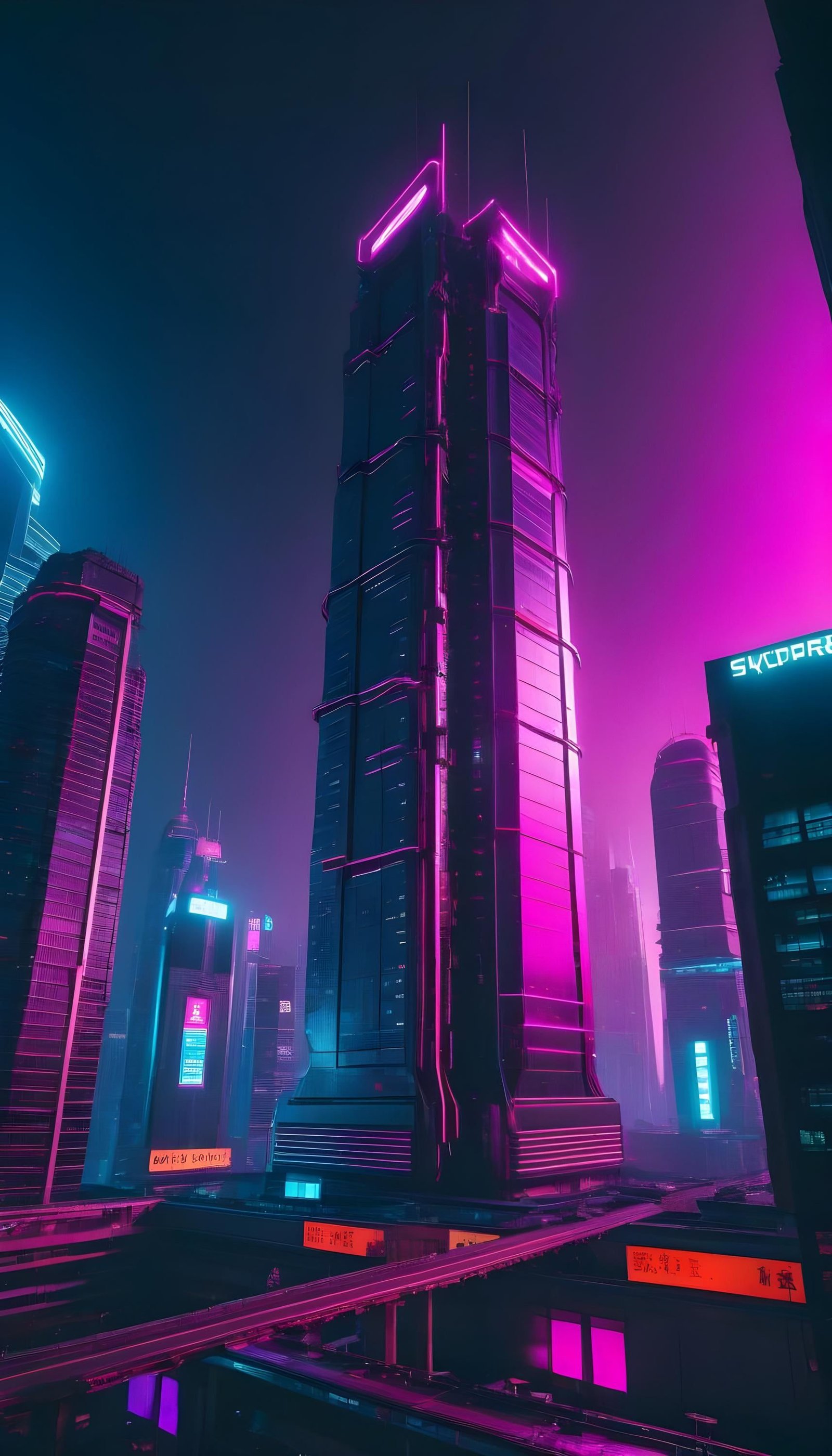 Neon Skyscraper Cyberpunk Glow Download Wallpapers