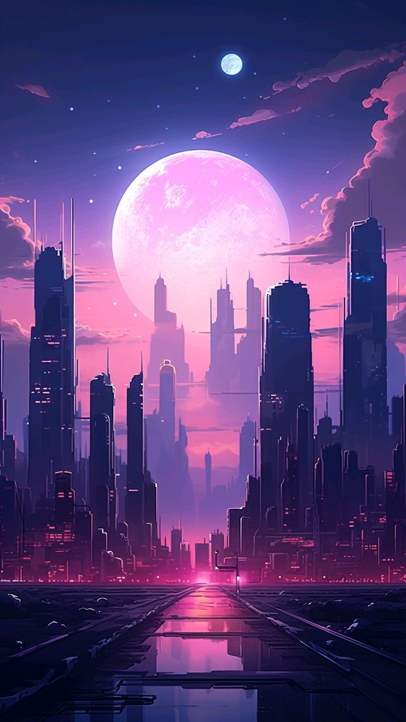 Cyberpunk Neon Moonlit Cityscape Download Wallpapers