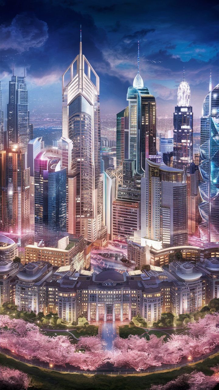 Neon Skylines and Blossom Glow Download Wallpapers