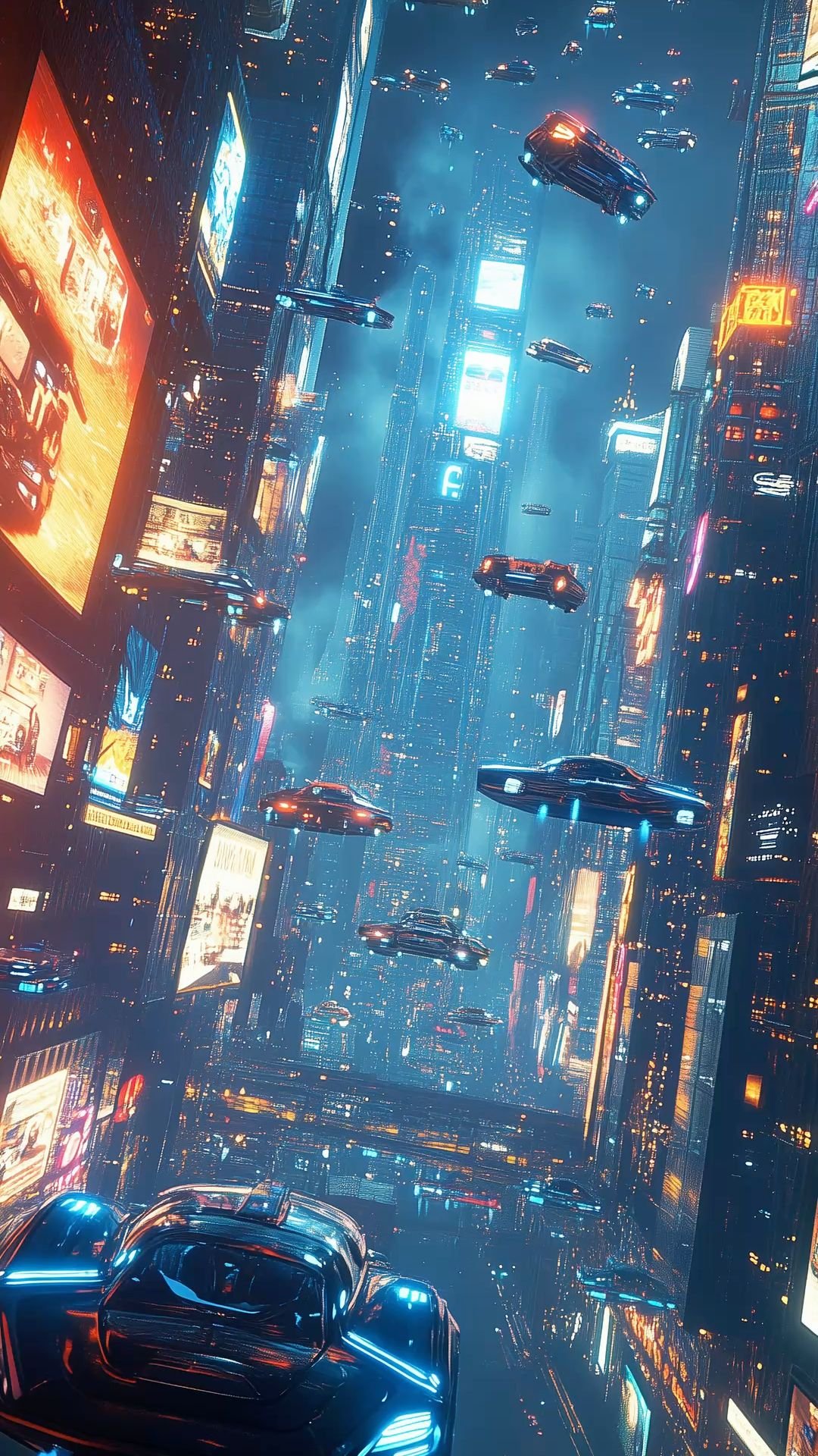 Neon Metropolis with Flying Cars Download Wallpapers