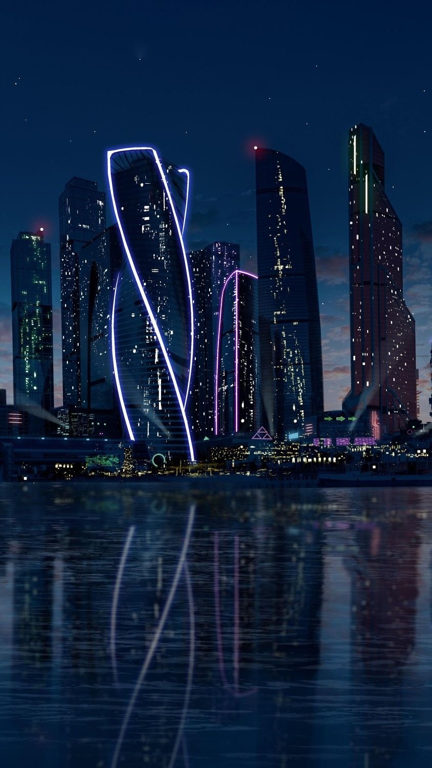 Neon Skyline Night Reflection Download Wallpapers