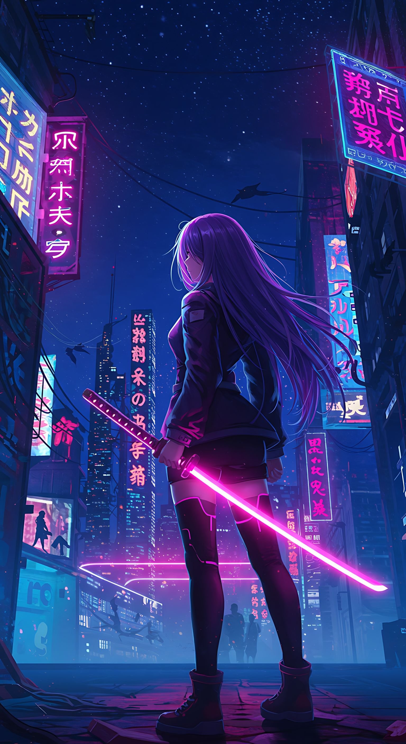Purple Katana in Neon Cityscape Download Wallpapers
