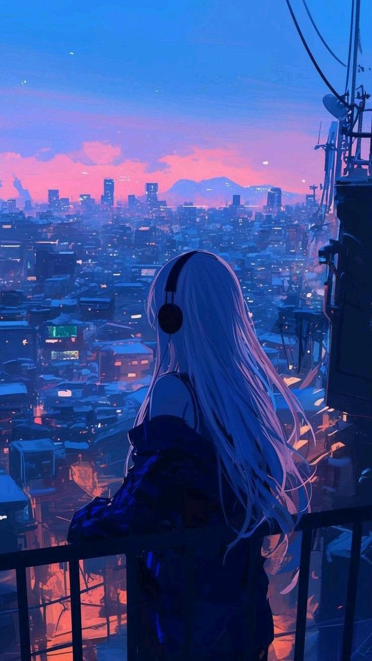 Neon Dreamscape with White Hair Download Wallpapers