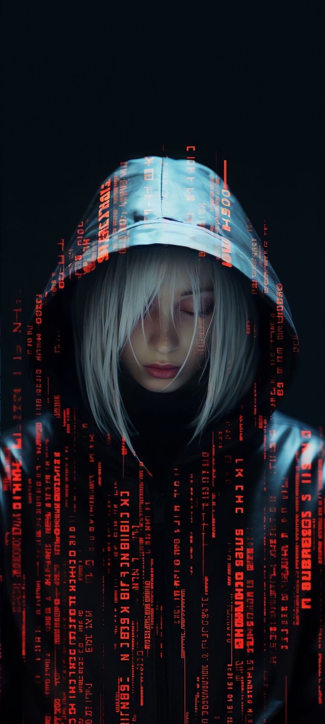 Neon Glow: White-Haired Figure Download Wallpapers