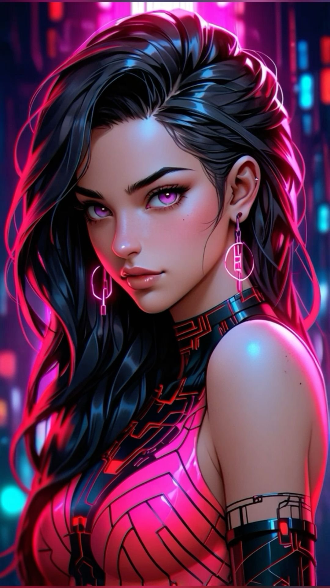 Neon Cyberpunk Girl Cityscape Download Wallpapers