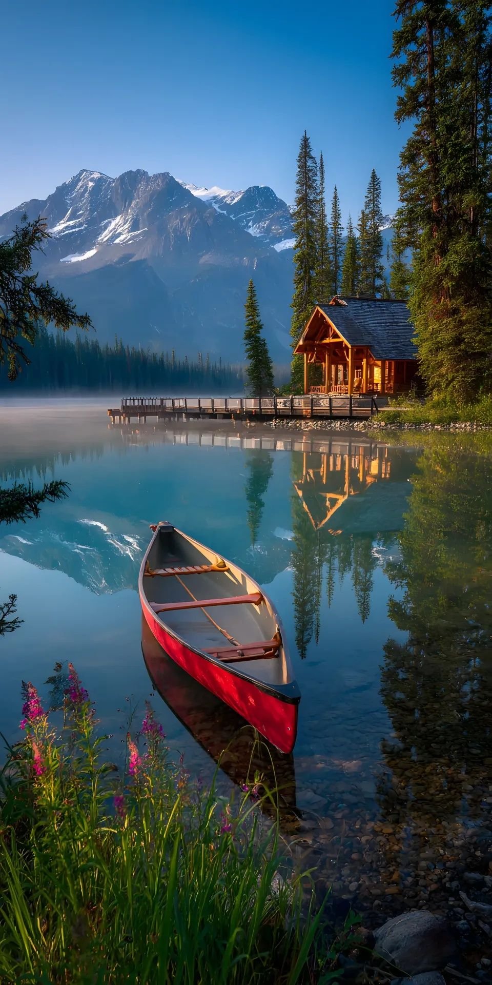 Red Canoe on Tranquil Lake Download Wallpapers
