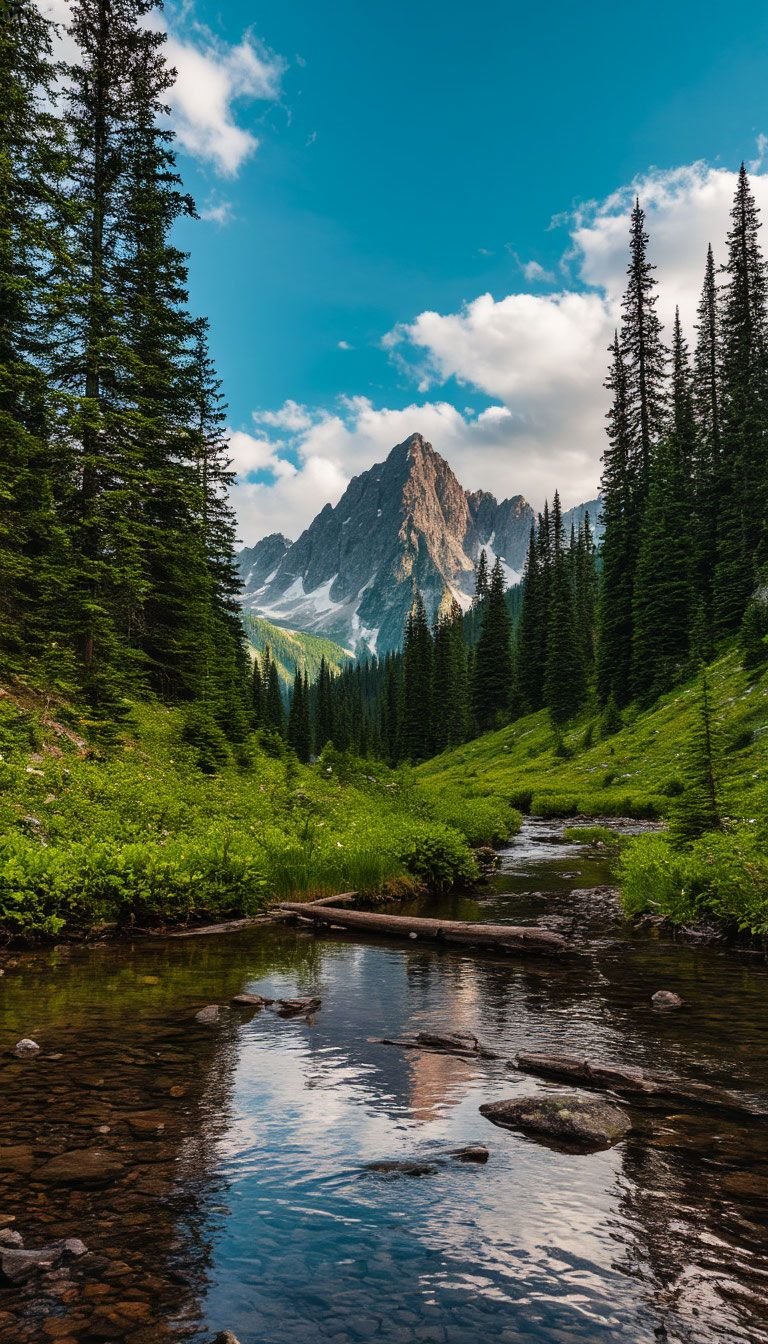 Forest Stream with Pine and Mountain Download Wallpapers