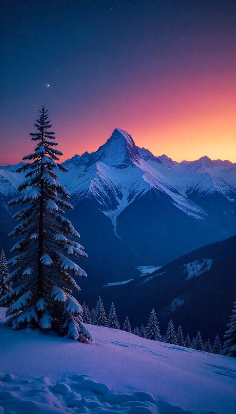 Sunset Over Snowy Mountain Pines Download Wallpapers