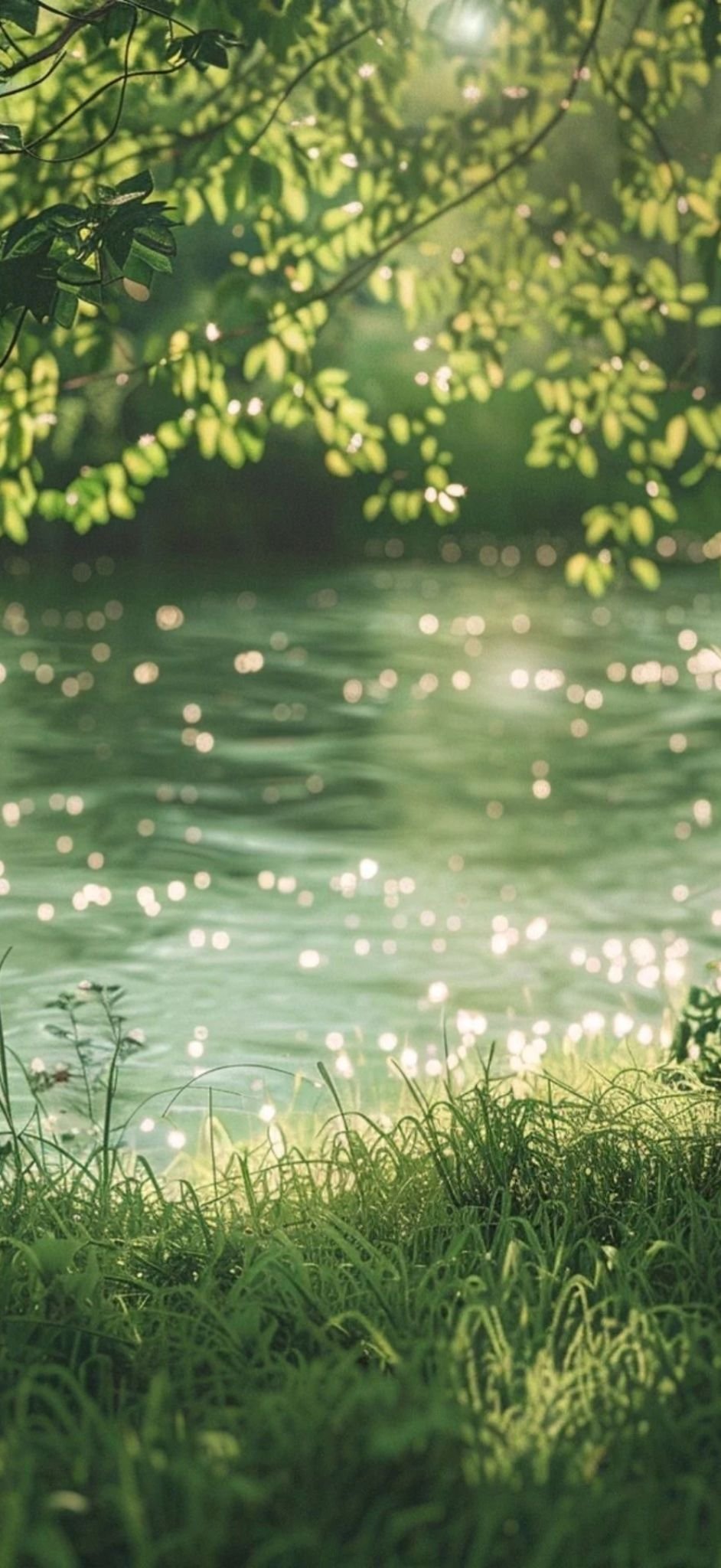 Sunlight Through Trees by Water Download Wallpapers