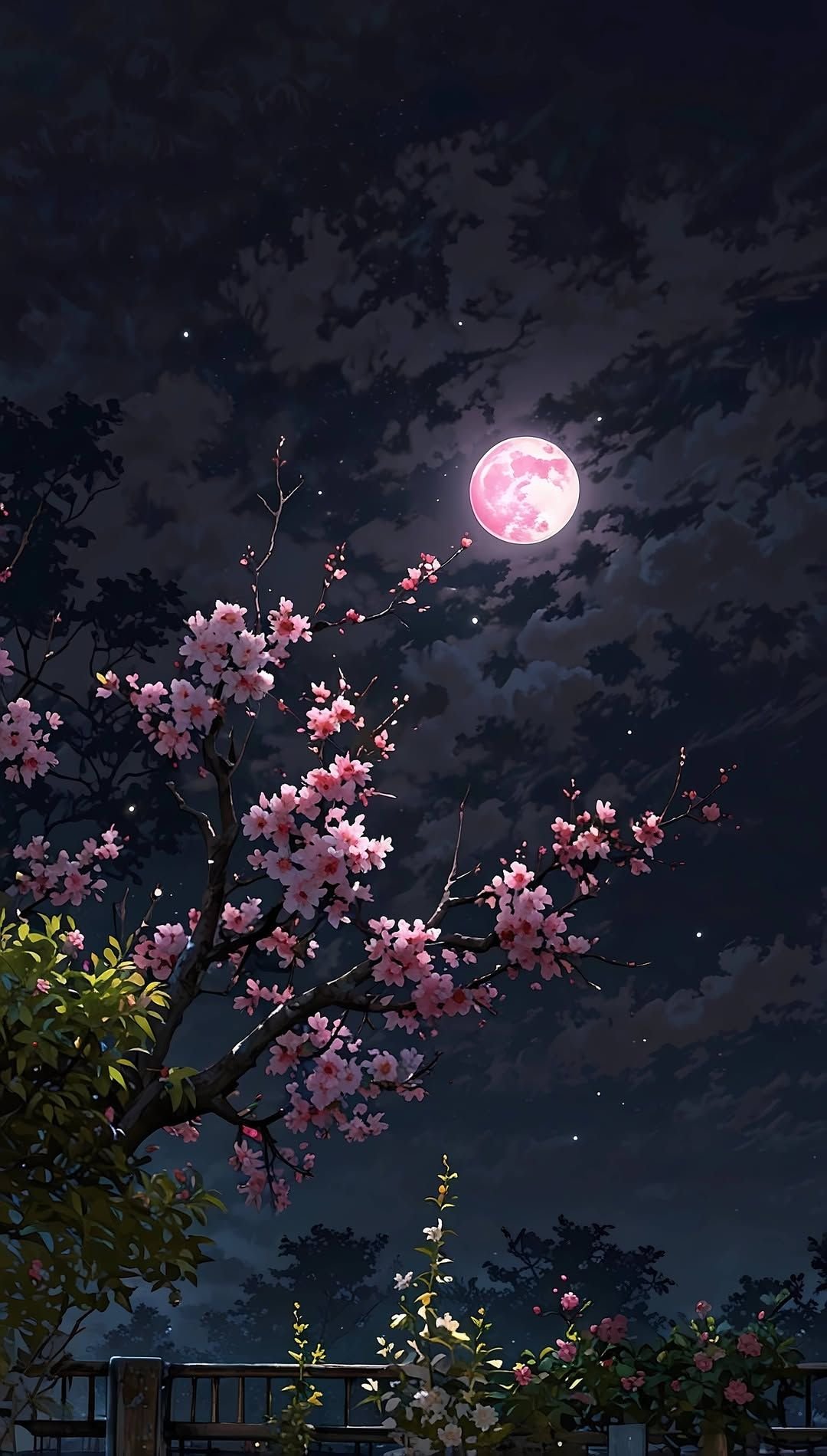 Moonlit Blooms Over Twilight Trees Download Wallpapers