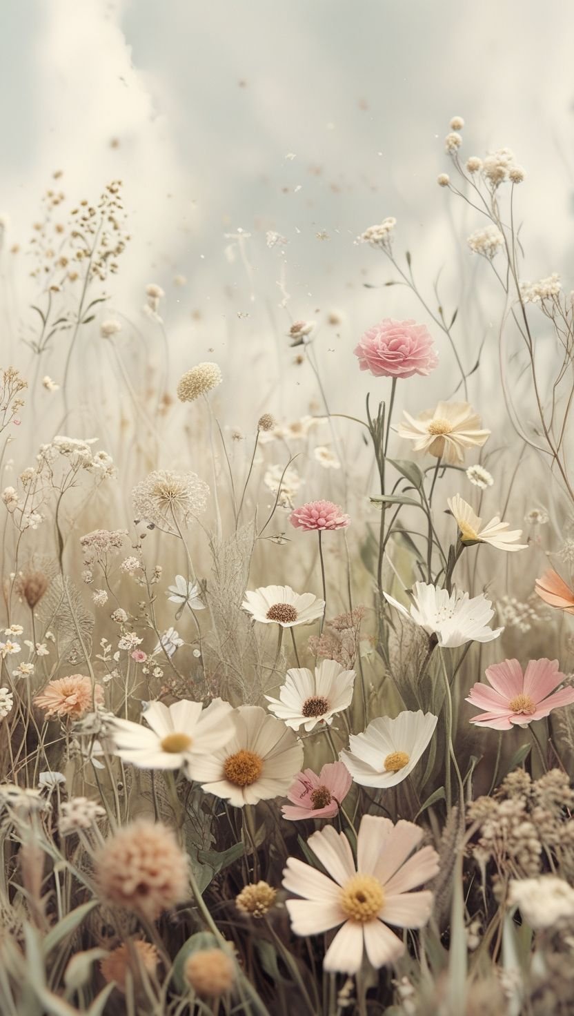 Wildflower Field Under Clouds Download Wallpapers